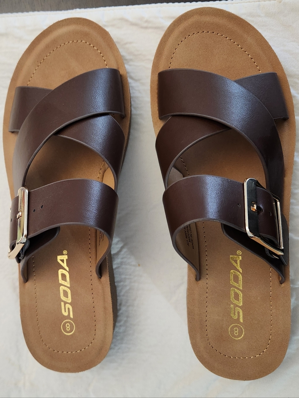 NEW Soda Brown Cross-Strap Buckle Slide Sandals
